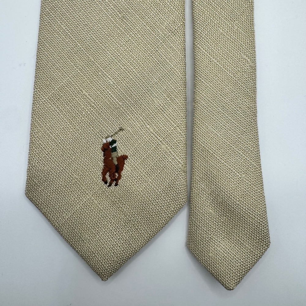 Polo Ralph Lauren Mens Tie Tan 100% Linen Embroidered Pony Logo Luxury Designer - Picture 3 of 9